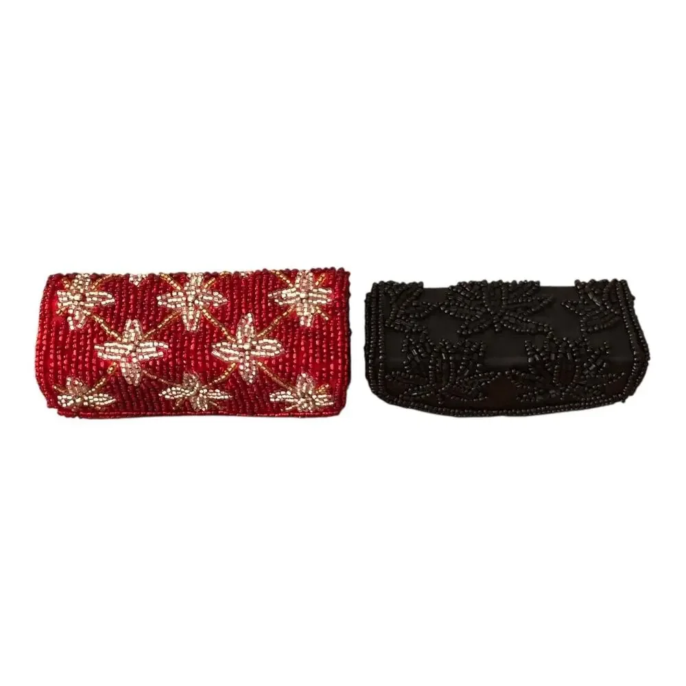Vintage Beaded Lipstick Case Holders Lot 2 Red Black Floral Mirrors Evening Bag